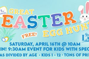 Great Easter Egg Hunt, Saturday Aprip 16th @ 10AM. Back Again! 9:30 AM event for kids with special needs.