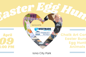 Easter Egg Hunt, April 09, 1:00 PM. Chalk Art Contest, Easter Bunny, Egg Hunt, Animals. Iona CIty Park.